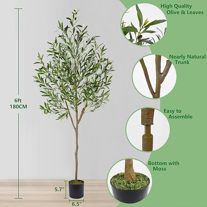 Artificial Olive Tree, 6ft Tall Fake Olive Leaves Plant with Basket, Indoor Outdoor Faux Olive Topiary Silk Tree for Home Livingroom Office Décor