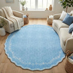 GarveeHome Round Area Rugs 5ft for Bedroom, Solid Blue Washable Circle Rug Soft Non Slip Floral Print Floor Mat Carpet Indoor Thin Rug for Kids Room Dining Room Playroom Nursery