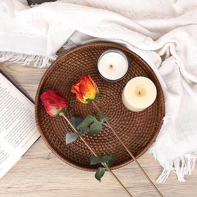 Hipiwe Round Rattan Serving Tray Handwoven Decorative Wicker Basket Trays with Handles Coffee Table Centerpiece Tray Fruit Organizer Basket for Breakfast Drinks Snack, 12 inch