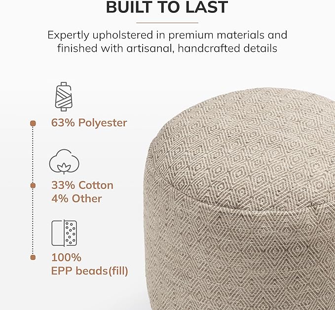 Anji Mountain Pouf Ottoman Foot Rest, Handmade Ottoman Pouf, Comfortable Foot Stool, Decorative Floor Seating for Living Room Decor, Bedroom & Home Décor Accent - Stone