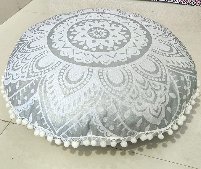 24" White Silver Flower Mandala Barmeri Large Floor Pillow Cover Cushion Meditation Seating Ottoman Throw Cover Hippie Decorative Zipped Bohemian Pouf Ottoman Pom Pom Cases 24 " round