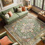 Area Rugs Square 8ft Washable Non-Slip, Floral Vintage Distress Print Pattern Medallion Carpet for Living Room Bedroom Dining Room, Brick Red Rust Neutral Brown Burnt Orange Green