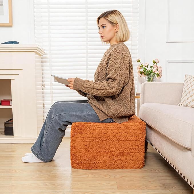 20x20x14 Inches Fluffy Square Pouf Ottoman - Plush Furry Boneless Ottoman Foot Rest Stool with High-Density Foam, Versatile Floor Seating for Living Room (Burnt Orange)