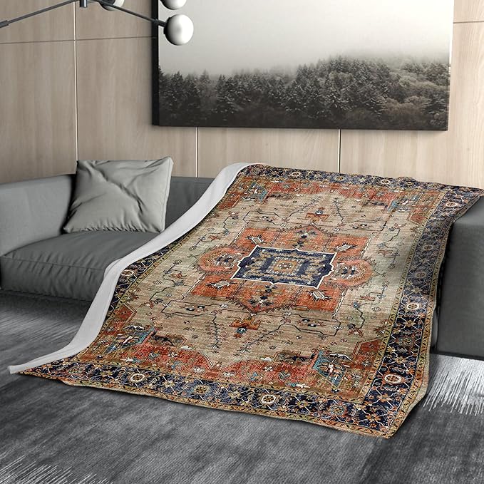 Aztec Terracotta Boho Blanket Soft Flannel Lightweight Vintage Bohemian Throw Blanket Cozy Warm Retro Western Carpet Blankets All Seasons Living Room Decor for Couch Chair Bed Sofa Office 40x50 inch