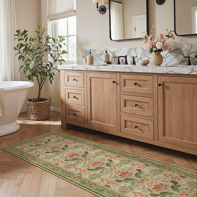 Bavni 2'6''x8 Runner Rug,Microfiber Washable Non-Slip Vintage Floral Rugs,Low Pile Lightweight Carpet for Bedroom,Hallway,Entryway,Kitchen,Bathroom, Sage Green & Burnt Orange