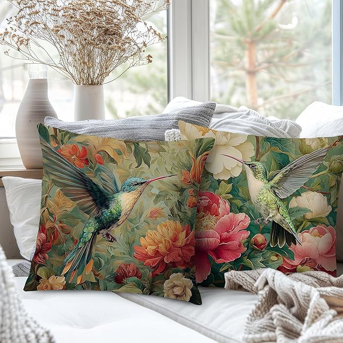 Vintage William Morris Floral Hummingbird Pillow Cover 18x18 Set of 4,Rustic Green Hummingbird Bird Animal Flower Botanical Print Decorative Throw Pillow Covers for Home Bedroom Living Room