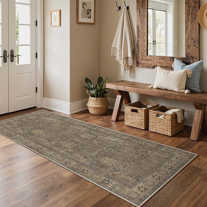 Bavni 2'6''x6 Rug Runners for Hallways, Washable Runner Rug Non Slip, Vintage Floral Print Style Rugs for Bedroom-Lightweight Low Pile Carpet for Hallways Bathroom, Brown