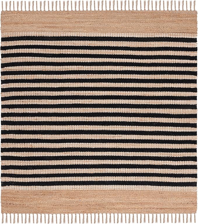 SAFAVIEH Natural Fiber Collection Area Rug - 6' Square, Natural & Black, Rustic Farmhouse Boho Striped Style, Handmade Jute & Cotton, Ideal for The Living Room, Bedroom, Dining Room (NFB325Z-6SQ)