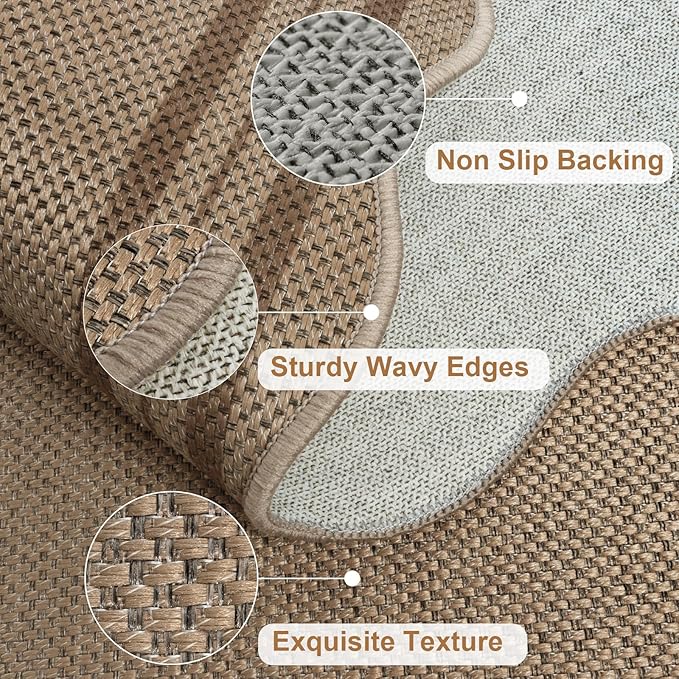 Scalloped Easy Jute Hallway Runner Rug, 2.6x8 Kitchen Non Slip Runner Washable Outdoor Indoor Long Rug, Farmhouse Morden Carpet for Porch Bedroom Laundry