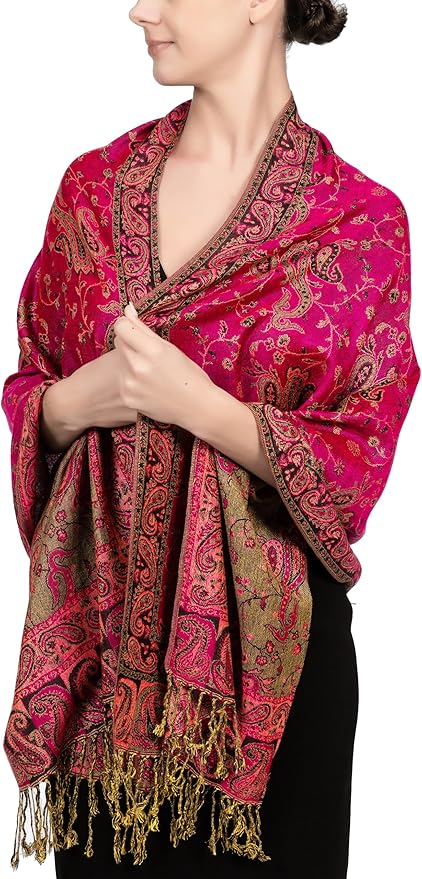 Achillea Reversible Paisley Pashmina Rave Scarf – Exotic Indian Shawls and Wraps for Evening Dresses, Festivals, All Seasons