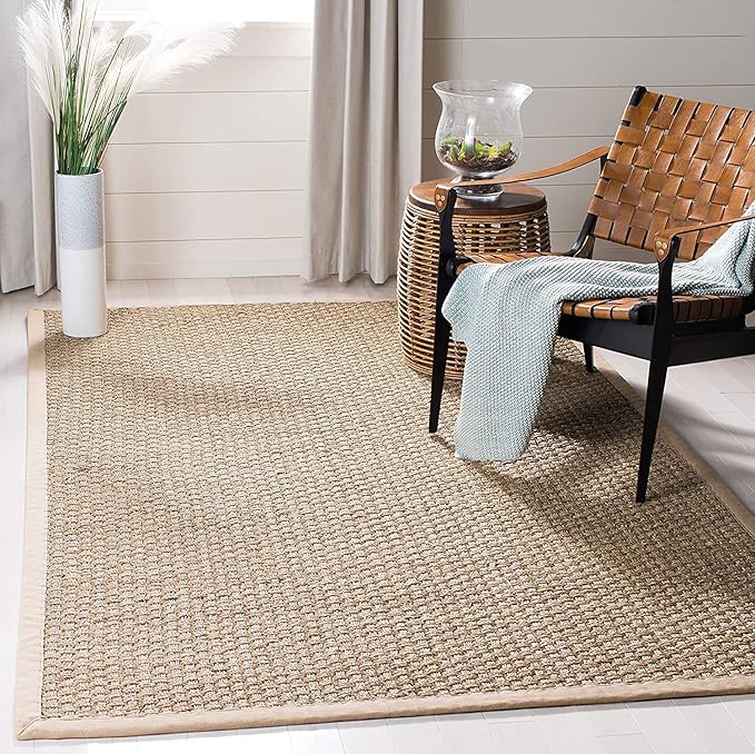 SAFAVIEH Area Rug 4' Square - Natural Fiber Collection - Natural & Beige, Seagrass, Basketweave Pattern with Border (NF114A)