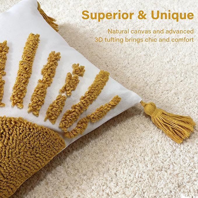 Boho Throw Pillow Covers 12x20 Inch Sun Tufted Lumbar Pillow Covers with Tassels, Bohemian Farmhouse Decorative Cushion Cover for Couch Sofa Bedroom Living Room Home Decor (Yellow-Thin)