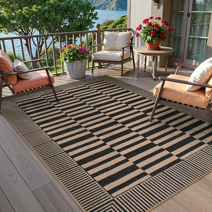 Beevia Striped 5x7 Black Jute Rug, Washable Outdoor Indoor Carpet for Living Room Dining Room, Farmhouse Modern Non-Slip Non-Shedding Rug for Patio Deck Porch Decor (Black, 5x7ft)