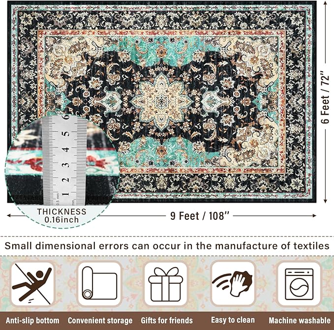 Amearea Vintage Design Black Area Rugs for Living Room, 6x9 Machine Washable Floral Collection Traditional Bedroom Rug, Low Pile Kids Room Carpet, No Slip Office Kitchen Home Decor, Black and Green