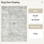 Washable Area Rug 8x10, Gray Soft Rug for Living Room Vintage 8x10 Area Rugs for Bedroom Dining Room Floral Non-Slip Thin Grey Rug