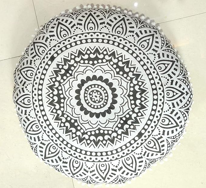INDIAN CRAFT CASTLE 24" Grey Ombre Mandala Barmeri Large Floor Pillow Cover Cushion Meditation Seating Ottoman Throw Cover Hippie Decorative Zipped Bohemian Pouf Ottoman Pom Pom Cases 24" Round