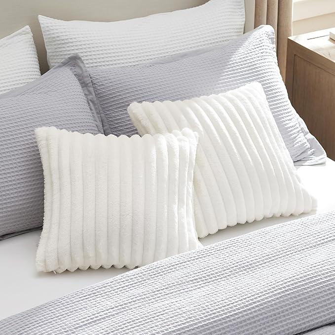 Bedsure Double-Side Striped Decorative Throw Pillow Covers 18x18 Set of 2, Spring White Fluffy Soft Pillow Covers, Home Decor for Couch Sofa Living Room Bedroom
