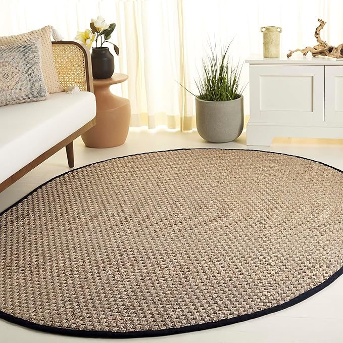 SAFAVIEH Area Rug 6x8 Oval - Natural Fiber Collection - Natural & Black, Seagrass, Basketweave Pattern with Border (NF114C)