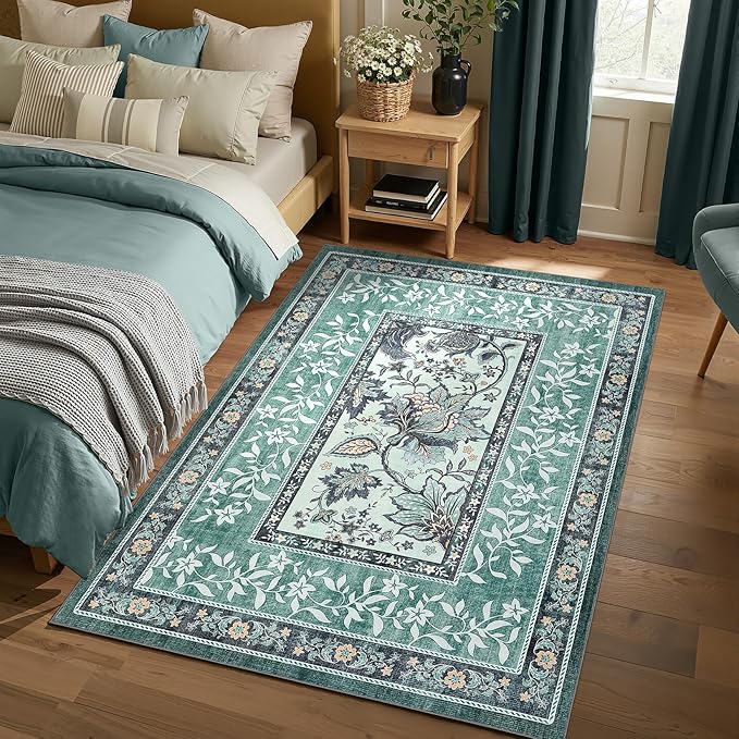 GarveeHome Teal 8x10 Area Rugs for Living Room, Botanical Grove Cottagecore Washable Rug for Bedroom Dining Nursery Low-Pile Vintage Large Carpet