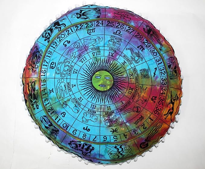 CRAFT KALA 32" Round Large Round Bohemian Floor Pillow Pouf Cover Mandala Meditation Room Pillow Cover for Adults Boho Seating Poufs Cushion Cover for Kids Playroom Multi Zodiac