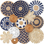 Xuhal 15 Pcs Boho Wall Basket Decor Handcrafted Seagrass Woven Wall Basket Rustic Round Woven Hanging Art for Home Farmhouse Kitchen Table Living Room(Blue Classic Style)