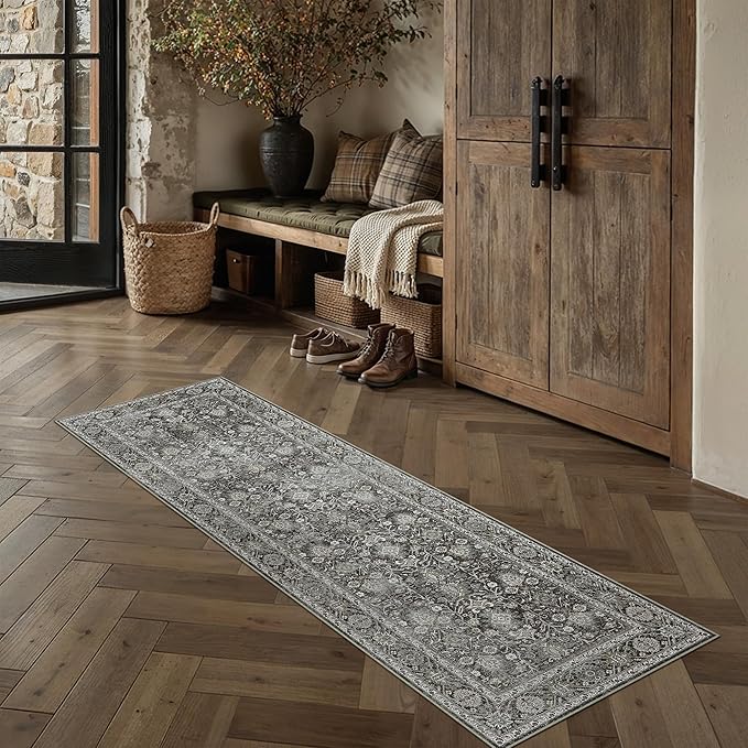 Black Runner Rug 2x6 Vintage Area Carpet Hallway Long Indoor Kitchen Washable Living Room Low Pile Traditional Distressed Retro Accent Throw Rug Non Slip Laundry Bathroom Office Dining Room