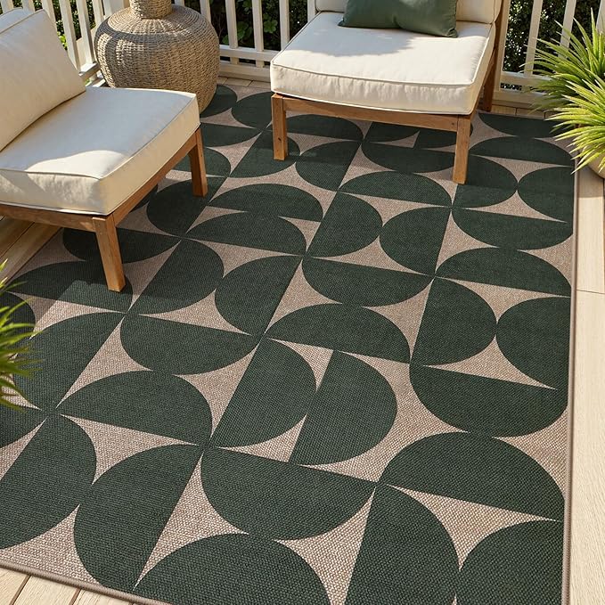 Lahome Modern Geometric Easy Jute 5x7 Washable Green Outdoor Rug, Non Shedding Woven Carpets for Living Room, Neutral Semi-Circle Non Slip Rug for Classroom Office Backyard