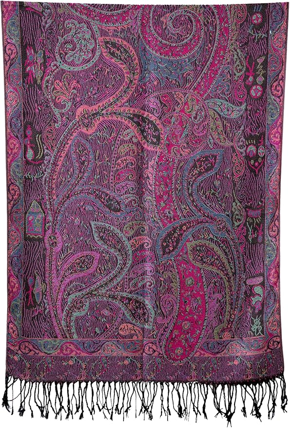 Achillea Reversible Paisley Pashmina Rave Scarf – Exotic Indian Shawls and Wraps for Evening Dresses, Festivals, All Seasons