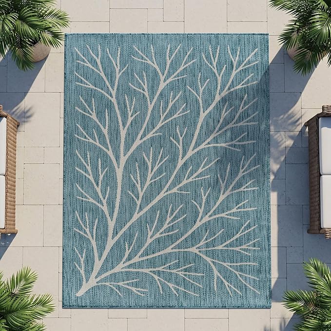 Washable Indoor Outdoor Rug 8x10 Modern Area Rugs Branch Pattern Non Shedding Waterproof Easy Clean Patio Deck Porch Living Room Bedroom Garden RV (8 X 10 Aqua)