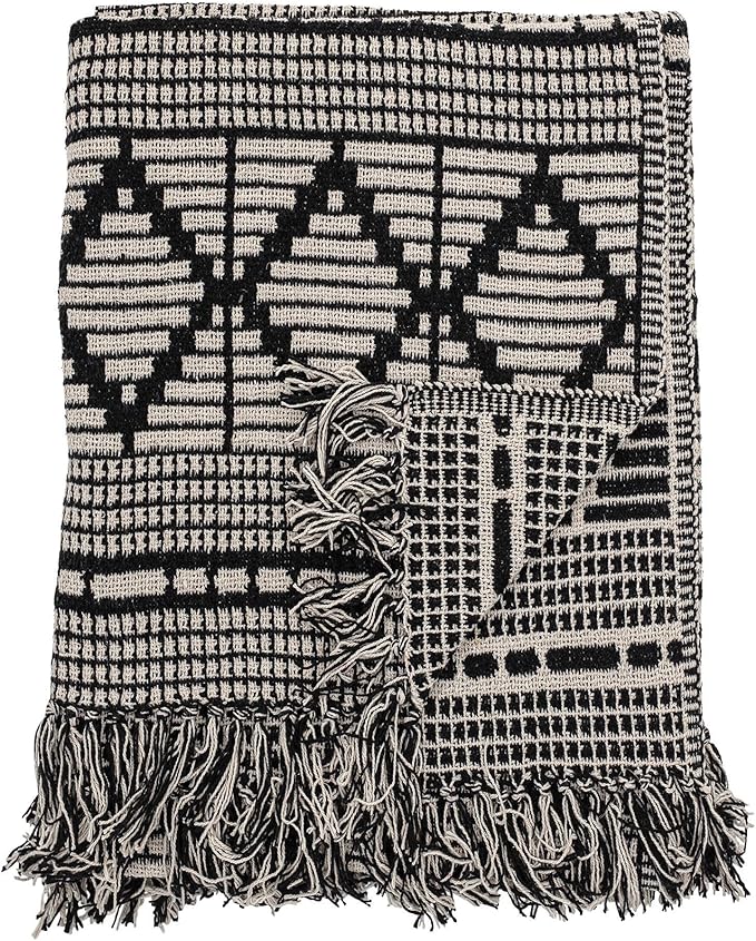 Bloomingville Soft Reclaimed Cotton Blend Throw with Diamond Pattern and Fringe, Black and Beige