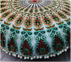 Large 32" Pink Manadala Round Pillow Cover, Decorative Mandala Pillow Sham, Indian Bohemian Ottoman Poufs, Pom Pom Pillow Cases, Outdoor Cushion Cover,