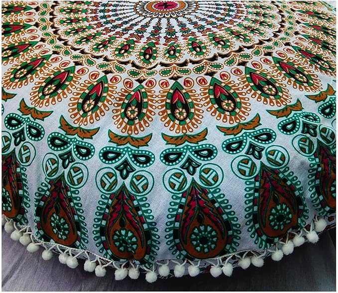 Large 32" Pink Manadala Round Pillow Cover, Decorative Mandala Pillow Sham, Indian Bohemian Ottoman Poufs, Pom Pom Pillow Cases, Outdoor Cushion Cover,