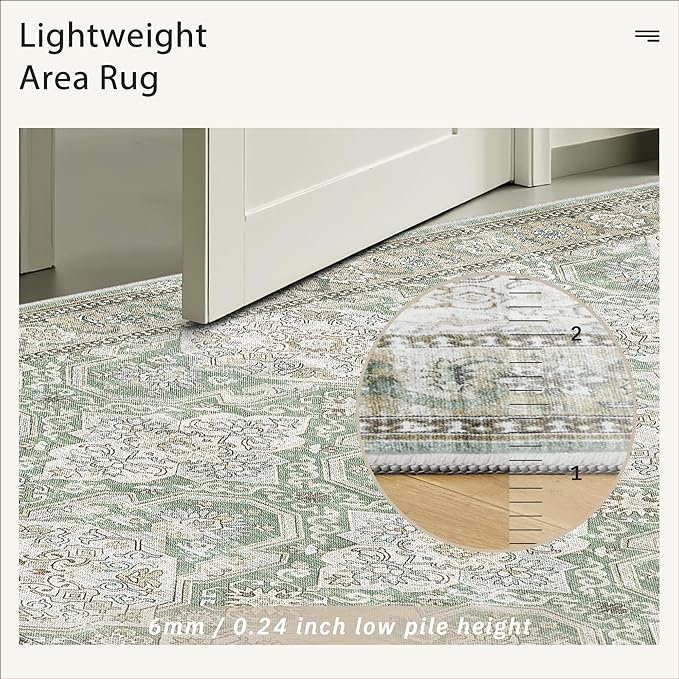 9x12 Area Rugs for Living Room, Non Slip Machine Washable Vintage Rugs, Low Pile Lightweight Large Rug for Bedroom, Dining Room, Home Office Green/Brown