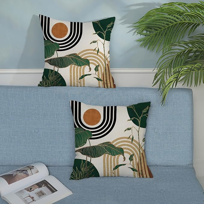 Boho Green Pillow Covers 18x18 Set of 2 Green Gold Leaf Tropical Mid Century Throw Pillows Outdoor Bohemian Modern Decorative Pillowcase Farmhouse Linen Cushion Case for Couch Sofa Decor