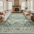 Area Rugs 10'x12' Washable Non-Slip, Floral Vintage Distress Print Pattern Medallion Carpet for Living Room Bedroom Dining Room, Dark Green Gray