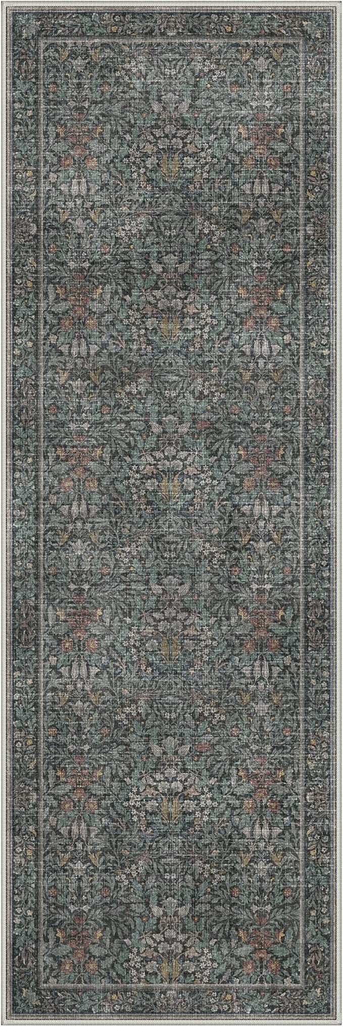 GENIMO 2x7 Runner Rug Non Slip Washable, Vintage Floral Kitchen Runner Rug, Low Pile Lightweight Hallway Runner for Laundry Room, Bathroom, Bedroom, Charccoal Green