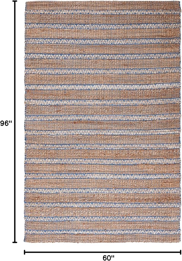 SAFAVIEH Natural Fiber Collection Area Rug - 5' x 8', Blue & Natural, Handmade Flat Weave Stripe Jute & Cotton Jute, Ideal for High Traffic Areas in Living Room, Bedroom (NFB655M)