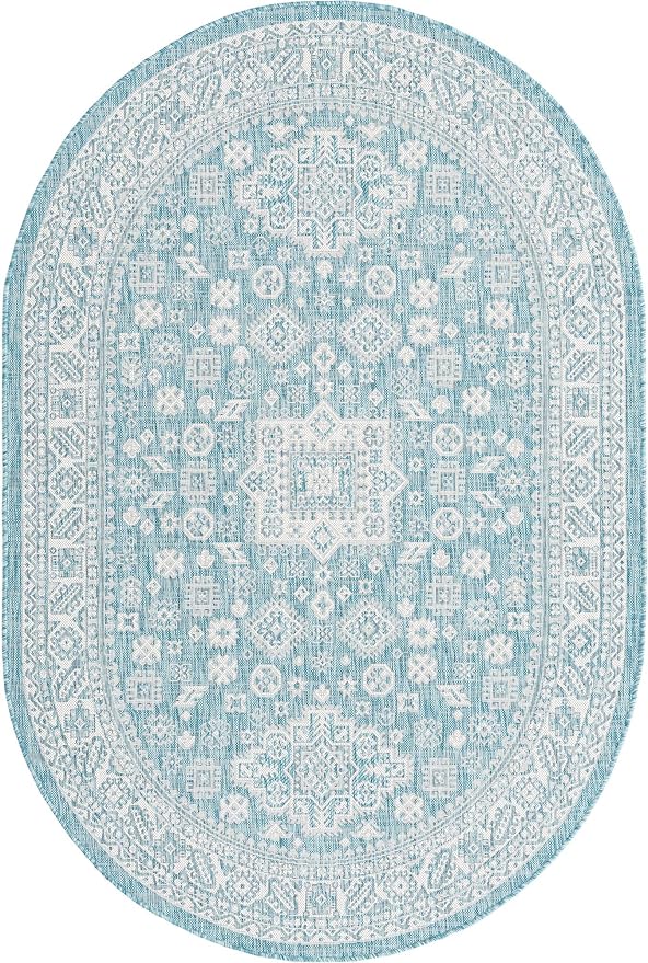 Rugs.com Outdoor Aztec Collection Rug – 5' x 8' Oval Aqua Flatweave Rug Perfect for Living Rooms, Large Dining Rooms, Open Floorplans