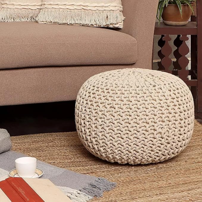 · REDEARTH · Round Pouf Ottoman - Cable Knitted Boho Poof - Home Décor Cord Pouffe Handmade Circular Footrest for Living Room - Bedroom - Kids Bedroom - 100% Cotton Pouf (19.5"x19.5"x14") - Natural