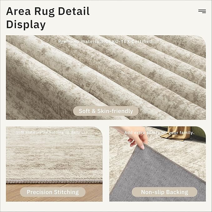 9x9 Beige Round Rug 9ft Living Room Circle Rug Vintage Round Area Rug Non Slip Indoor Carpet for Apartment