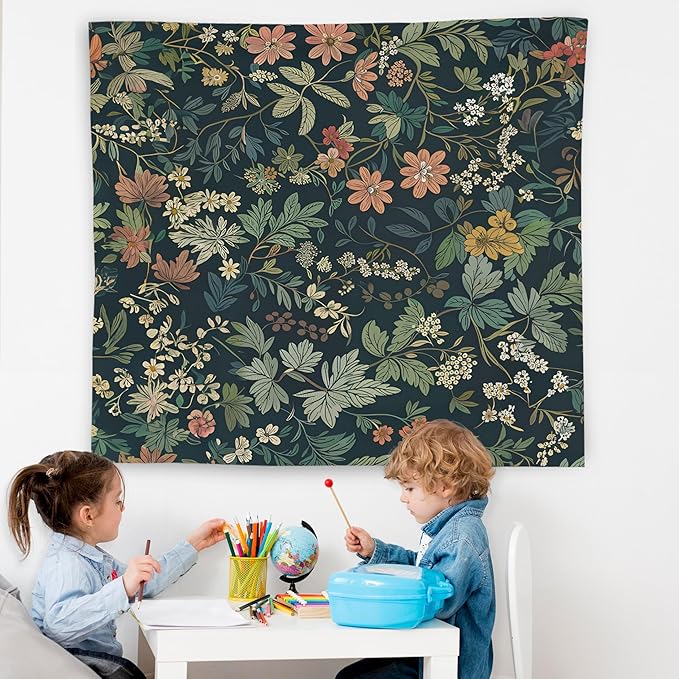 WNAGT Dark Green Floral Botanical Tapestry Wall Hanging, Cottage Core Decor, Nature Rustic Cottagecore Flower Plants Wall Blanket Decor for Home Bedroom Living Room Office, 50x60 Inch