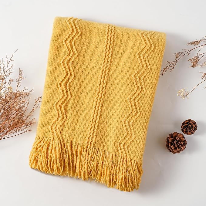 BATTILO HOME Mustard Throw Blanket with Fringe Geometric Bed Yellow Throws Summer Breathable Decorative Large Throw for Couch Sofa Indoor Outdoor (Yellow, 50"x60")