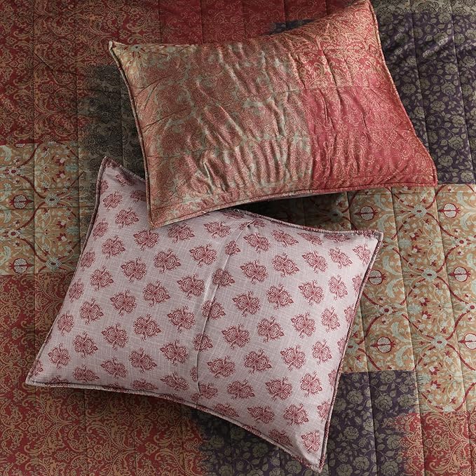 HORIMOTE HOME Velvet Patchwork Quilt King Size, Reversible Vintage Pattern Bedspread Luxury Cozy Vlevet Comforter 3-Pieces Coverlet Bedding Set for All Season (Burgundy)