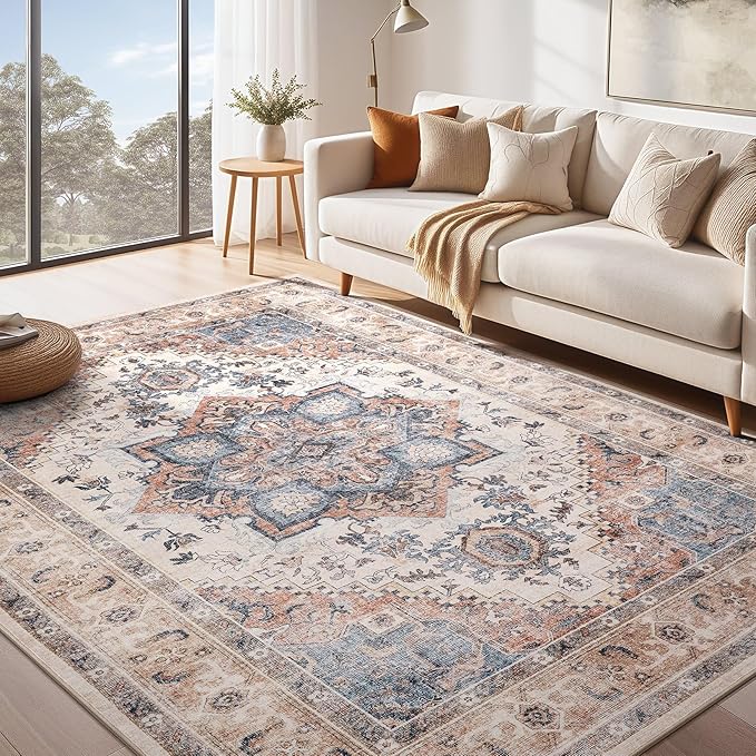 Washable Rug 7x9 Area Rugs: Boho Vintage Distressed Oriental Medallion Neutral Thin Large Rug Carpet for Living Room Bedroom Dining Room Home Office Decor - Camel