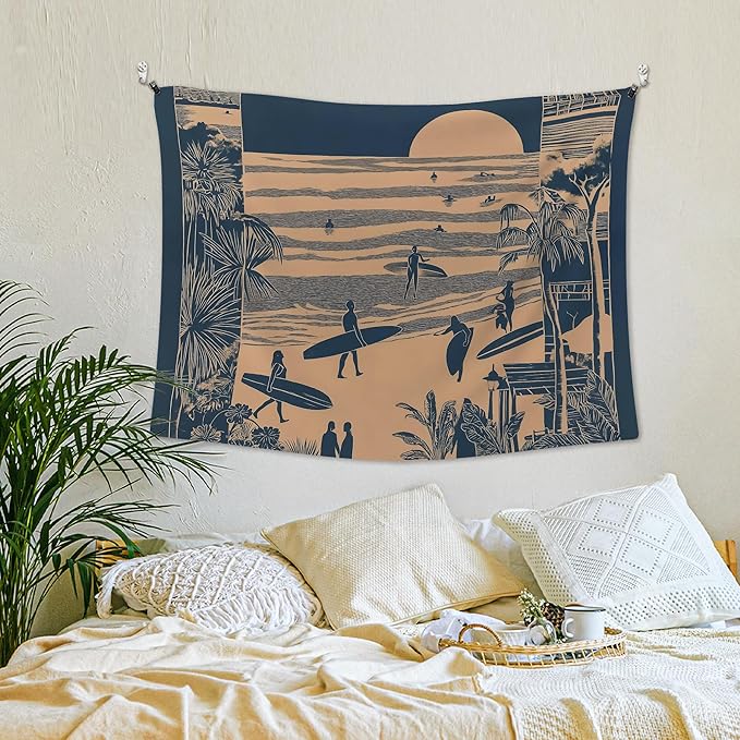 XLDLIOO Coastal Beach Wall Tapestry, Ocean Beach Wall Tapestry Hanging for Bedroom, Vintage Coastal Surf Palm Tree Sunset Landscape Tapestries Decor Art for Home Living Room, 40x30in