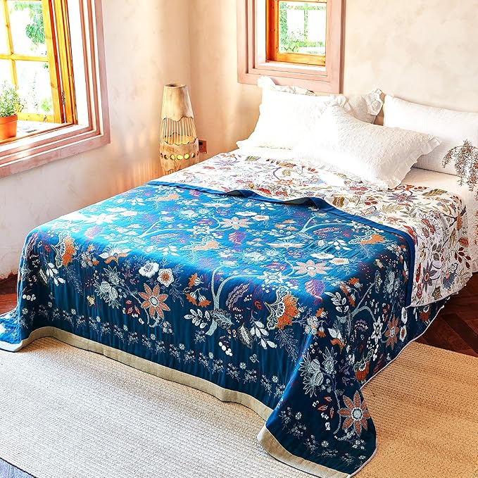Boho Throw Blanket, 100% Organic Cotton Breathable Skin-Friendly Ultra Soft Bed Quilt Throw - All Season Floral Farmhouse Décor Luxury Blanket for Sofa Couch Chair and Gift. 91" x 98"