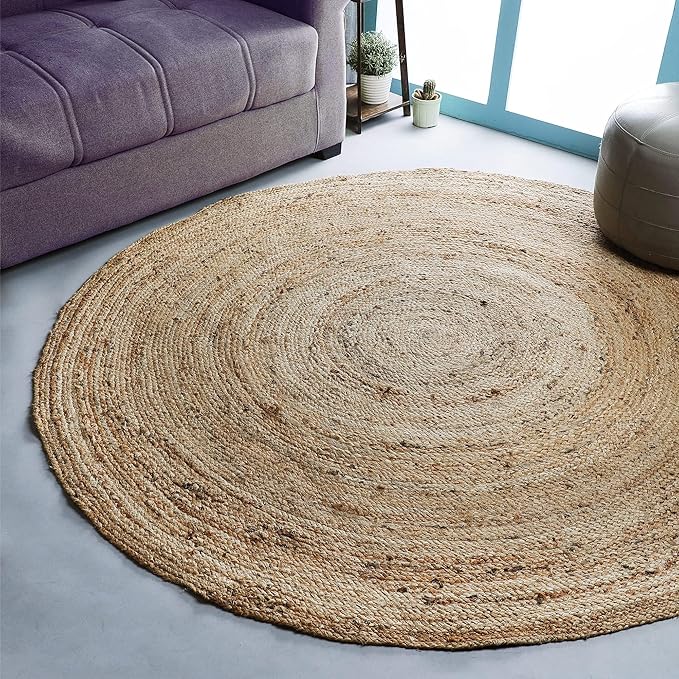 Jute Braided Area Rug, 4 feet Round Jute Braided Rug, Stain Resistan Natural Handmade Circle Boho Area Rug for Entryways, Living Room, Bedroom, Farmhouse Vintage Decor, Reversible Rug