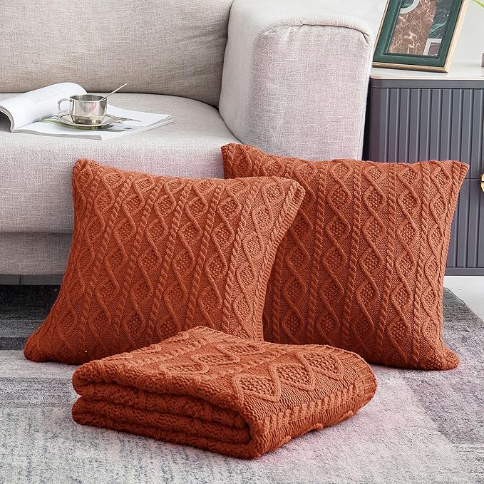 Homiest Acrylic Cable Knit Throw Blanket and Pillow Set, Sage Green, 50 x 60 Inch Blanket & 18 x 18 Inch Pillow, 3-Piece Modern Geometric Blanket Set for Couch, Bed, Travel