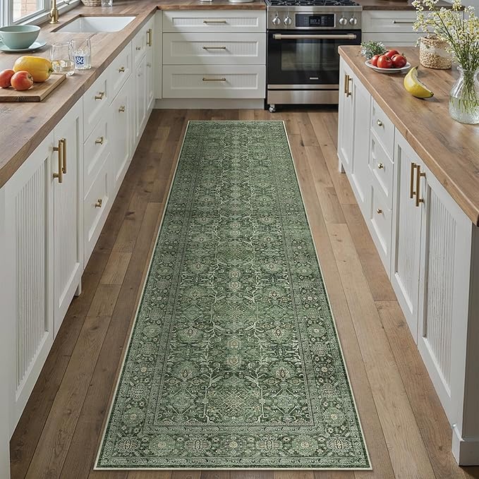 Green Runner Rug 2x8 Hallway Washable Carpet Soft Vintage Indoor Kitchen Non Slip Bedroom Traditional Retro Distressed Throw Long Rug Bathroom Laundry Entryway Office Dining Room
