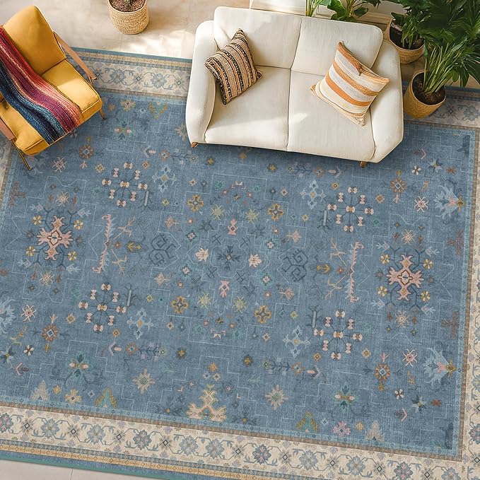 Blue Big Rugs for Living Room - Dusty Blue 10x14 Area Rug for Large Bedroom, Dining Room, Washable Lightweight Low Pile Foldable Eclectic Modern Floral Home Décor